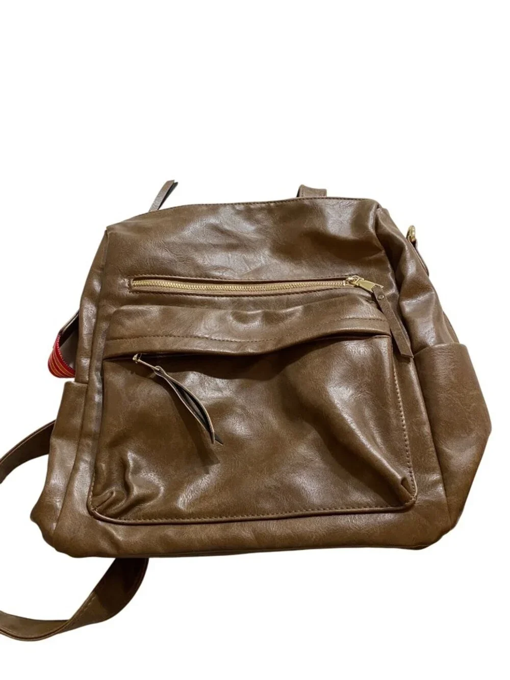 Brown Faux Leather Backpack Purse Colorful Adjustable Guitar Strap Gold Accents